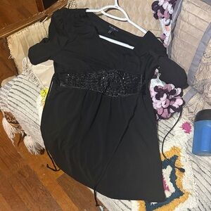 Black Short Sleeve Dress with Embellished Waistband